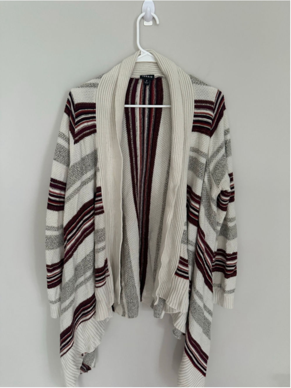 Women's Torrid Cardigan Sweater Plus 2X Beige Maroon Striped Open Front